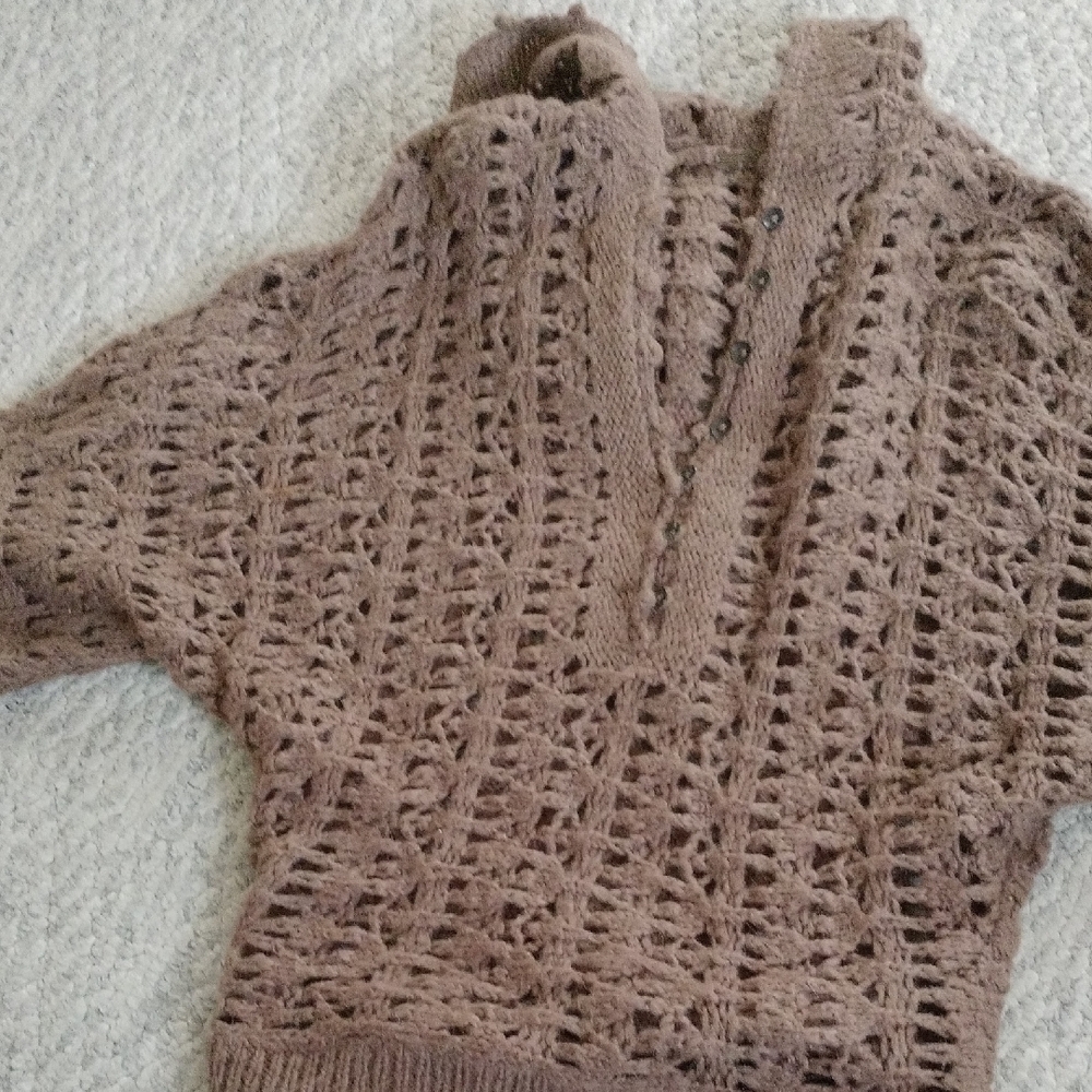 This is a Free People Pointelle Open Knit Alpaca Hooded Sweater in brown. Small - Picture 2 of 13